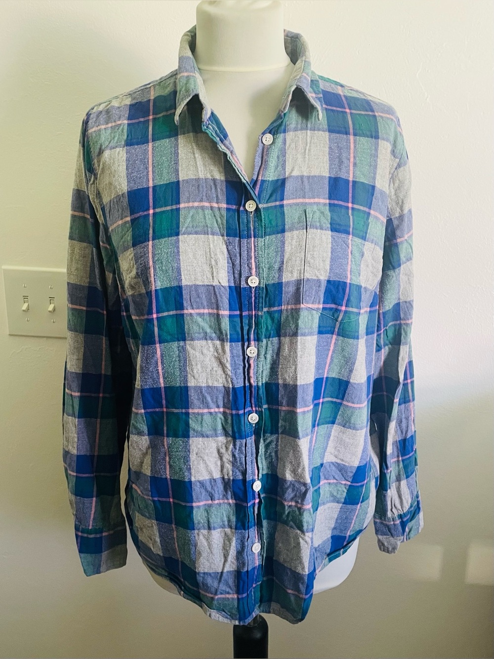 J. Crew Women Button Down Shirt L Blue Green Plaid 100% Cotton Rustic Outdoors